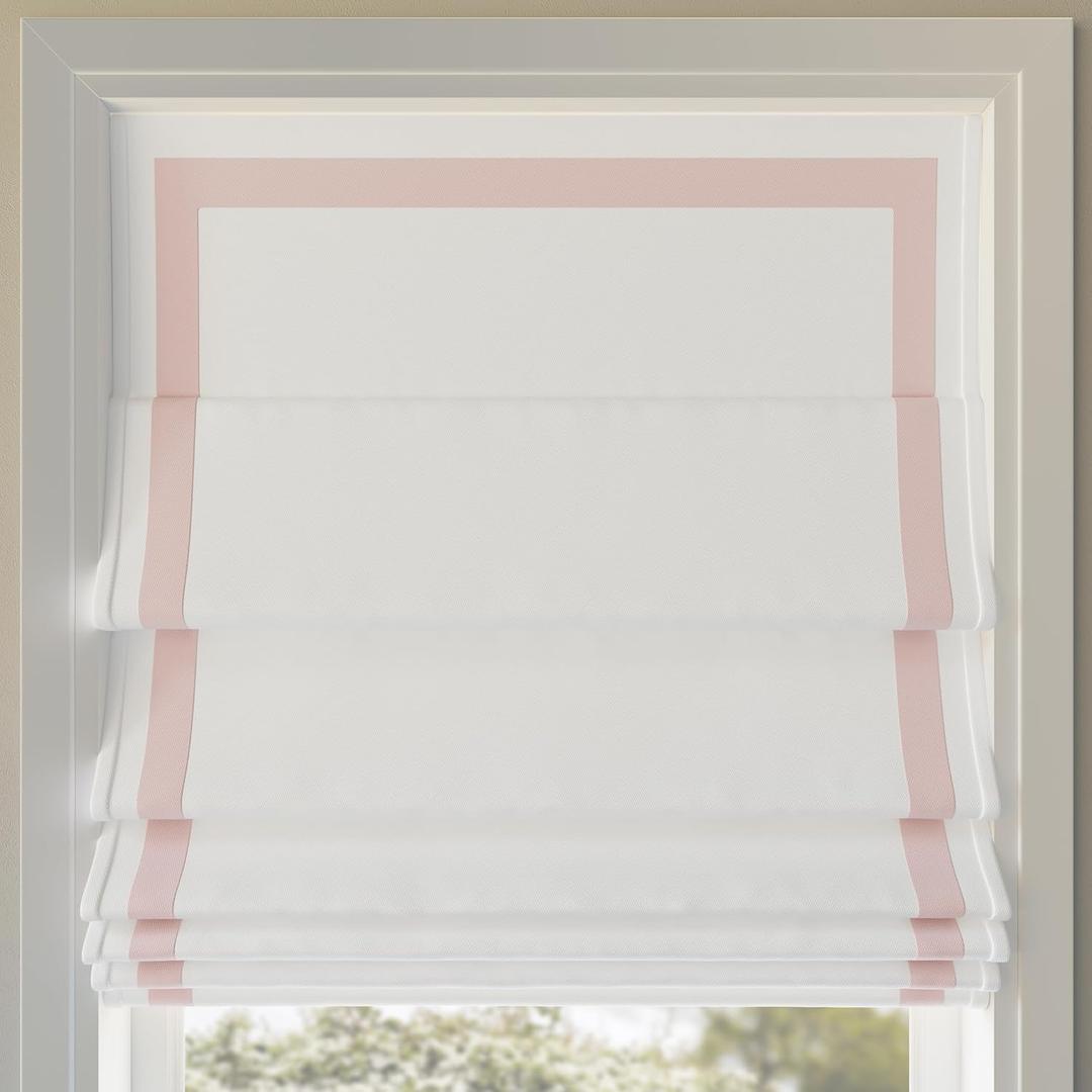 Sun Zero Marline Pink Ribbon Border Stripe 100% Blackout Cordless Roman Shade, 31" x 64", Pink/White (31"W x 64"H)