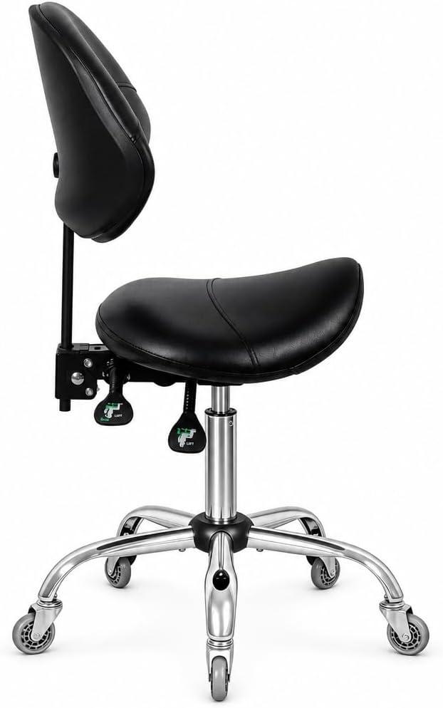 Saddle Stool with Back Support Ergonomic Esthetician Chair, Black, Without Foot Ring