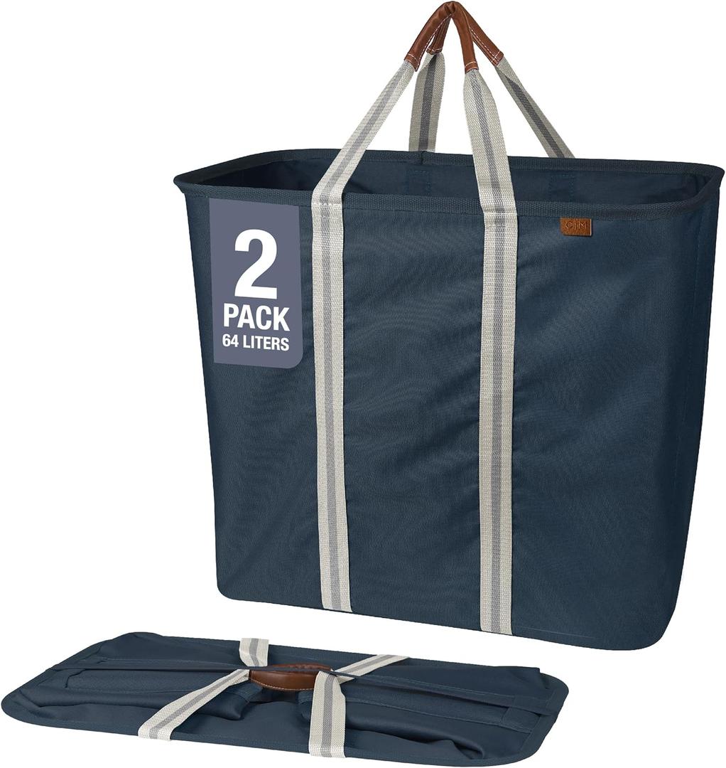 CleverMade Collapsible Laundry Caddy  Foldable Laundry Hamper & Tote, XXL 64L Pop-Up Laundry Basket with Handles, Space-Saving Laundry Organizer for Home & Travel, 2 Pack - LUXE Navy Noir