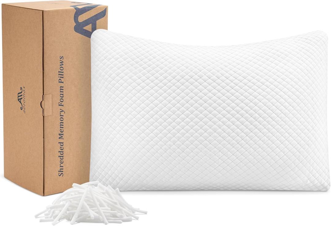 AM AEROMAX Shredded Memory Foam Bed Pillow - Customizable Queen Size Design - Ideal for Back, Side, and Stomach Sleepers with Adjustable Firmness