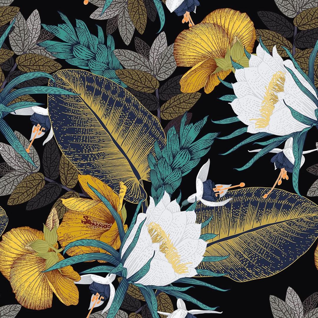 FunStick Vintage Black and Gold Floral Wallpaper Peel and Stick Leaf Tulip Flower Wallpaper for Bedroom Bathroom Black Floral Contact Paper for Walls Cabinets Waterproof Removable Wall Paper 17.5x118