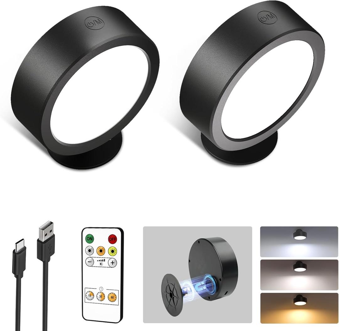 EZVALO LED Wall Mounted Lights, 5500mAh Rechargeable Wall Sconces Lamp, 3 Color Temps & Remote and Touch Control, 360Rotation Dimmable Cordless Wall Light for Bedroom Reading Study Bedside (2 Pack) (Black)