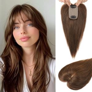 Flufymooz Real Human Hair Toppers for women, 10 Inch Clip in Bangs 100 Human Hair Toppers for Thinning Hair, Cover Hair Topper Hair Pieces with 150% Density Silk Base-Medium Brown