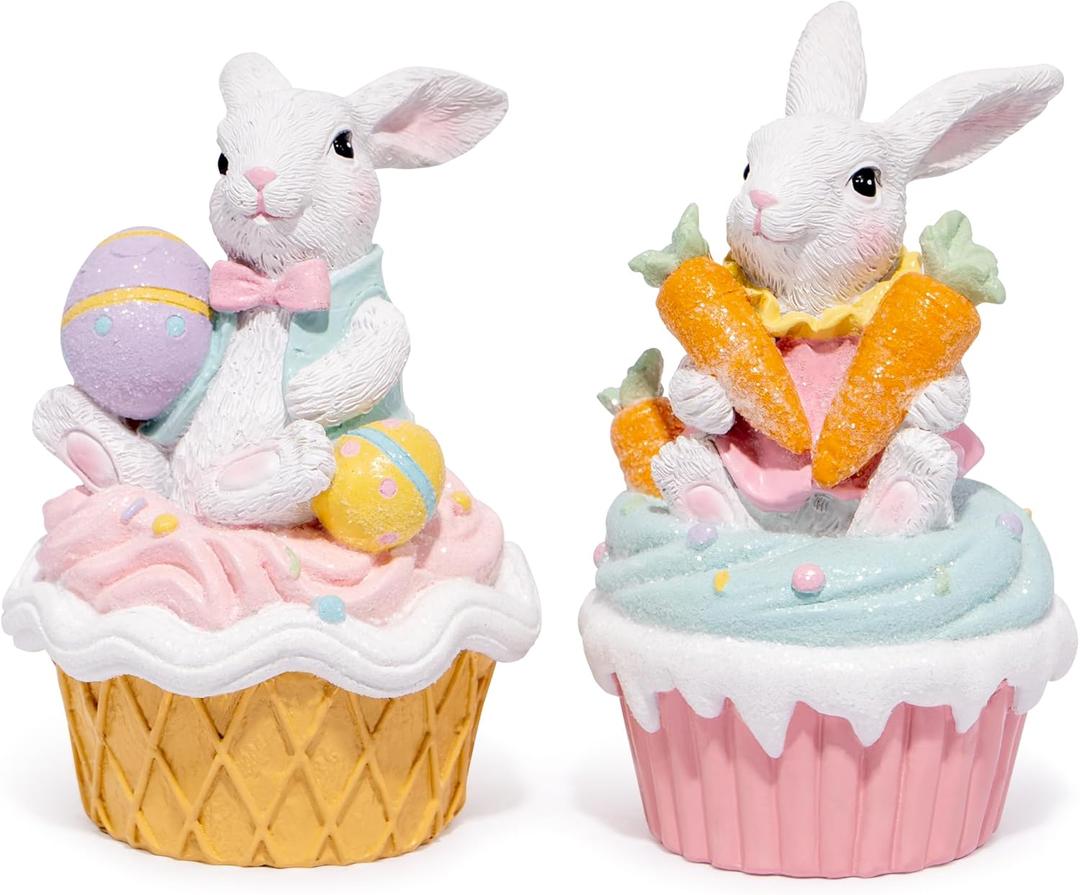 Hodao Easter Bunny Cupcake Figurines with Carrots and Eggs  Cute Spring Tabletop Decor for Easter Celebration, Decorations for Table Tiered Tray,Home, Office, Gifts (Set of 2 White)