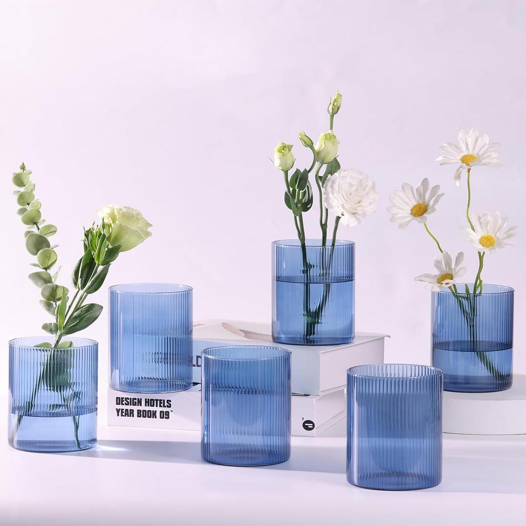Glass Ribbed Cylinder Vase Set of 6, Bud Vase for Wedding Centerpieces, Clear Ribbed Glass Flower Vase, Hurricane Floating Candle Holder 4 Inch, Decorative Vases for Home Decor(Blue)