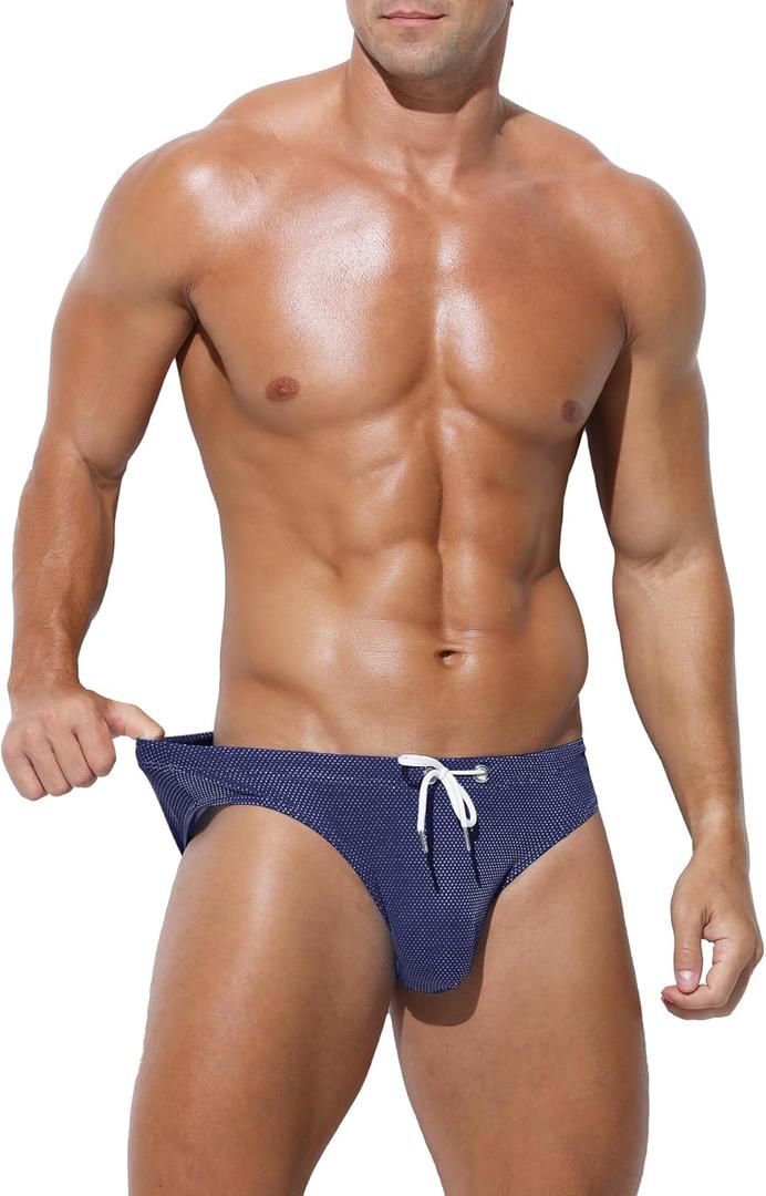 Arjen Kroos Men's Sexy Breathable Swim Briefs Quick Dry Tagless Bikini Swimwear with Drawstrings (Large, Dark Blue)
