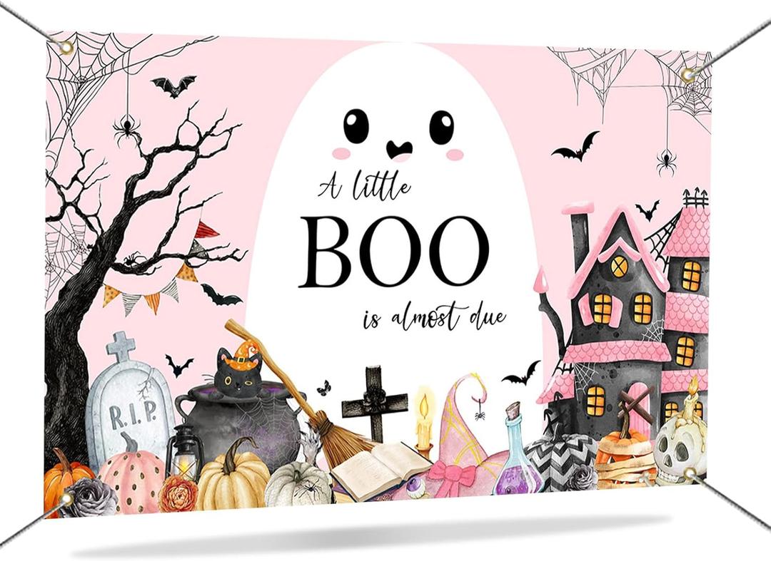 2 x Mocsicka A Little Boo is Almost Due Backdrop Banner Pink Halloween Baby Shower Decorations Backdrop Cute Ghost Castle Little Boo Baby Shower Decorations Photo Booth Props 70.8 x 43.3 Inch