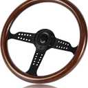QYMOPAY 14 Inch Wooden Racing Steering Wheel, Universal 6 Hole Bolt Steering Wheel with Horn Buttons Multi-Hole Black Spoke Steering Wheel for Rally/ Motorsport/ Car Simulator Driving (Black frame)
