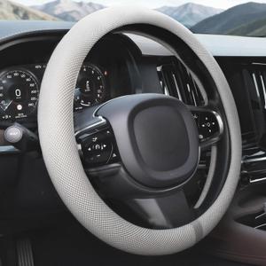 Universal 15 Inch Steering Wheel Cover for Cooling, Non-Slip Breathable Cooling Car Steering Wheel Cover with Upgraded Silicone Inner Ring for Round/D Shape, Warm in Winter Cool in Summer, White Gray