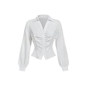 Floerns Women's Button Down Shirts Ruched Bishop Sleeve Dressy Casual Blouse Top White Large