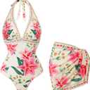 SherryDC Women's Sexy V Neck One Piece Swimsuit with Cover up Wrap Skirt Sarong Tummy Control Bathing Suit Swimwear (M)