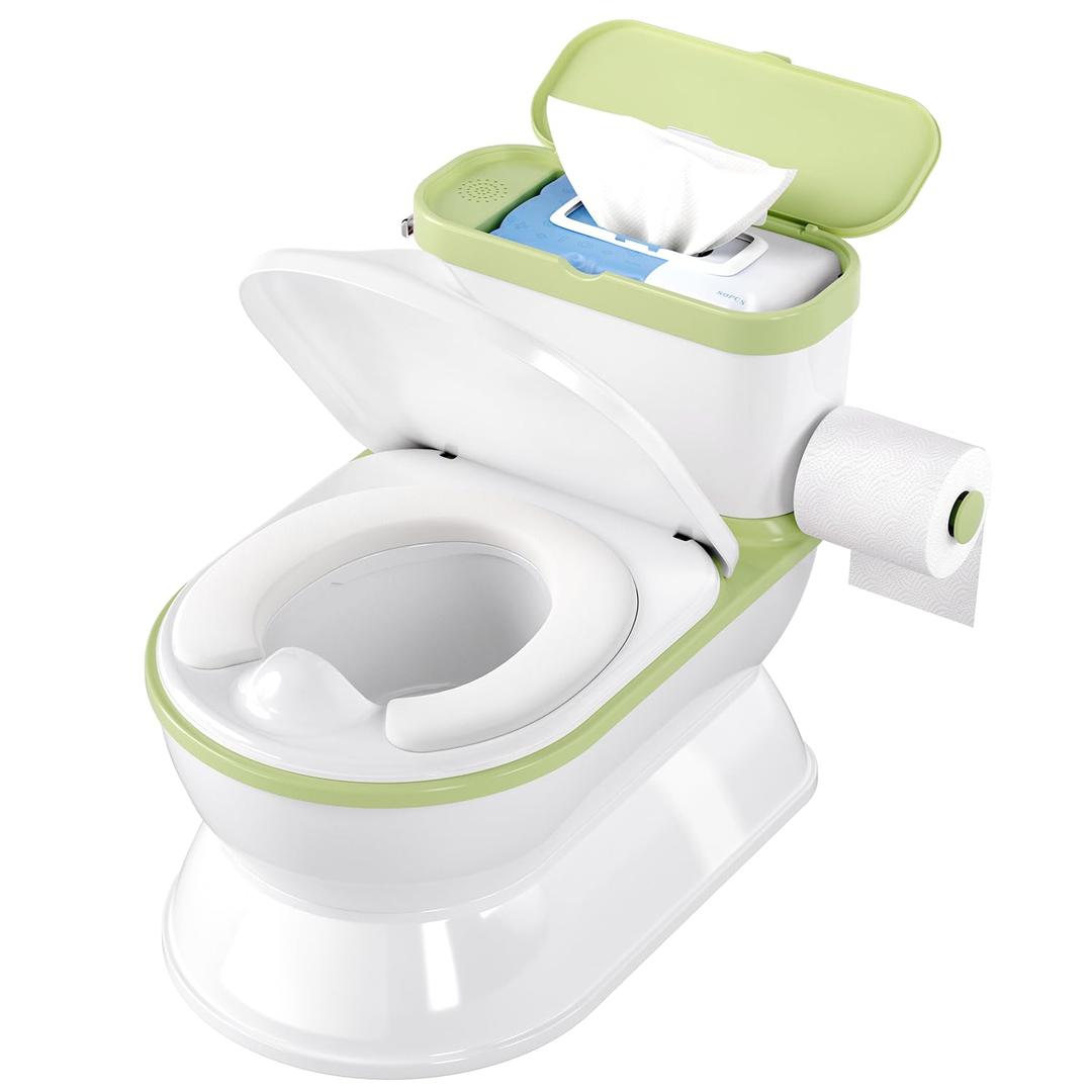 CheerTry 2-in-1 Toddler Potty Training Toilet - Larger Potty Chair & Detachable Training Seat for Boys & Girls Ages 1-3 with Flushing Sound, Wipes Storage, Toilet Paper Holder - Green