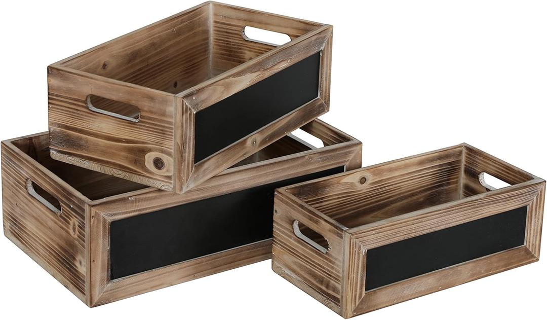 Farmhouse Wood Decorative Storage Crate Box with Handles Rustic Torched Wooden Nesting Box Open Top Organizer Bin with Erasable Chalkboard Front Panel and Two Cutout Oval Handles (Burnt Wood)