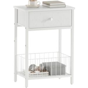 White Nightstand with PU Leather Front Drawer, 3-Tier End Table with Bottom Mesh Basket, Modern Bedside Table for Small Spaces, Metal Frame
