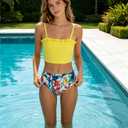 Glorycat Girls Swimsuit Tankini Set, 3-Piece Ruffle Top, Boyshorts & Printed Long Pants, Adjustable Straps, 4-Way Stretch Polyester Elastane, Precision Stitching, Beach Pool Water Park 4-10Y