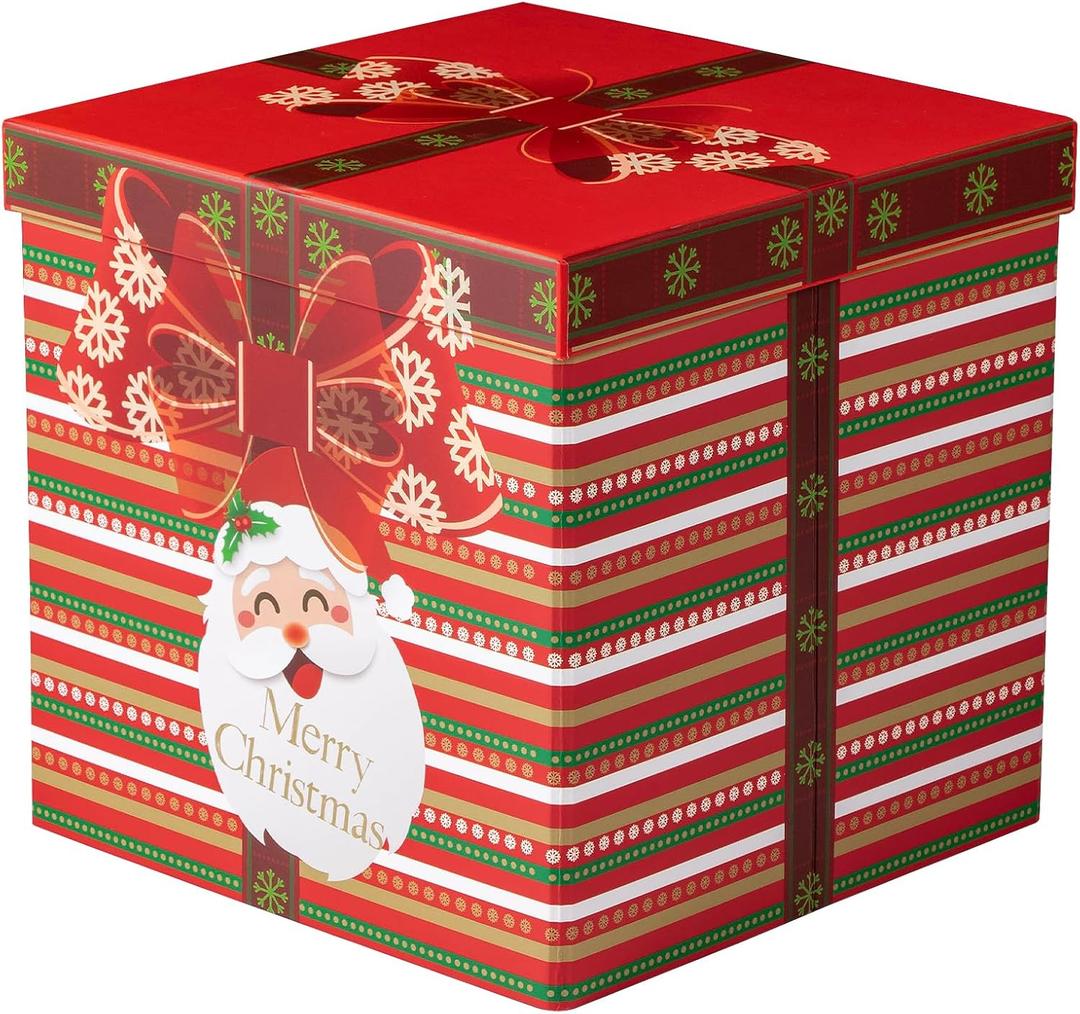 RUSPEPA Christmas Gift Box with Lid, Santa Claus and Red Bow Design, Medium Collapsible Gift Box with Ribbon and Tissue Paper for Holiday Party, Gift Wrapping, Candy Storage, 9x9x9 Inches, 1 Pcs