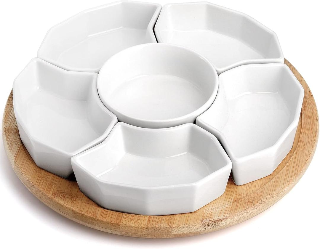 SOUJOY 11'' Lazy Susan Serving Tray, Porcelain 360 Rotatable Serving Tray and Platters, Removable Divided Serving Dishes, Party Relish Bowl for Chip, Dip, Veggies, Candy and Snack, Cheese, 7 Pieces