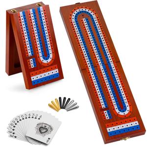 Foldable Cribbage Board Game Set, Portable Travel Cribbage Board with Storage Area, 9 Metal Pegs, 1 Playing Card and Instruction. Classic Cribbage Game for Family (Vintage Color).