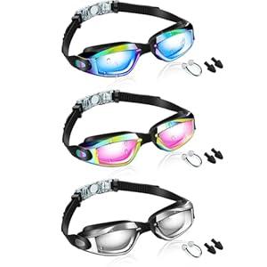 Flutesan 3 Pack Swimming Goggles for Adult Kids No Leaking Silicone Anti Fog Swim Glasses with Nose Clip Ear Plugs Pool Goggles, 3 Colors(Stylish Color, 6.3 x 1.8 Inches)