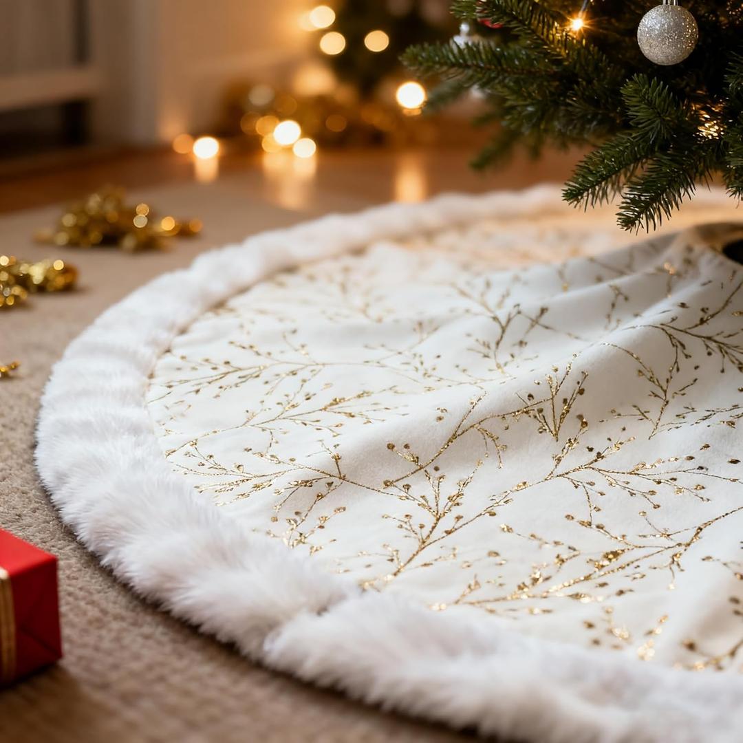 SYITCUN Christmas Tree Skirt, 48inch White and Gold Tree Skirt, Faux Fur Xmas Tree Skirt for 4 5 6 7 8 9 Ft Christmas Trees, Thicker Plush Christmas Tree Decorations
