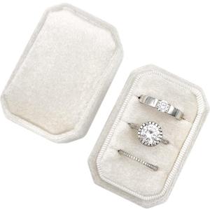 Octagonal Rectangle Velvet Ring Box 3 Slots - Premium Handmade Wedding Three Rings Bearer Holder Vintage Orthogon Jewelry Storage for Ceremony Proposal Engagement (1 Ivory)