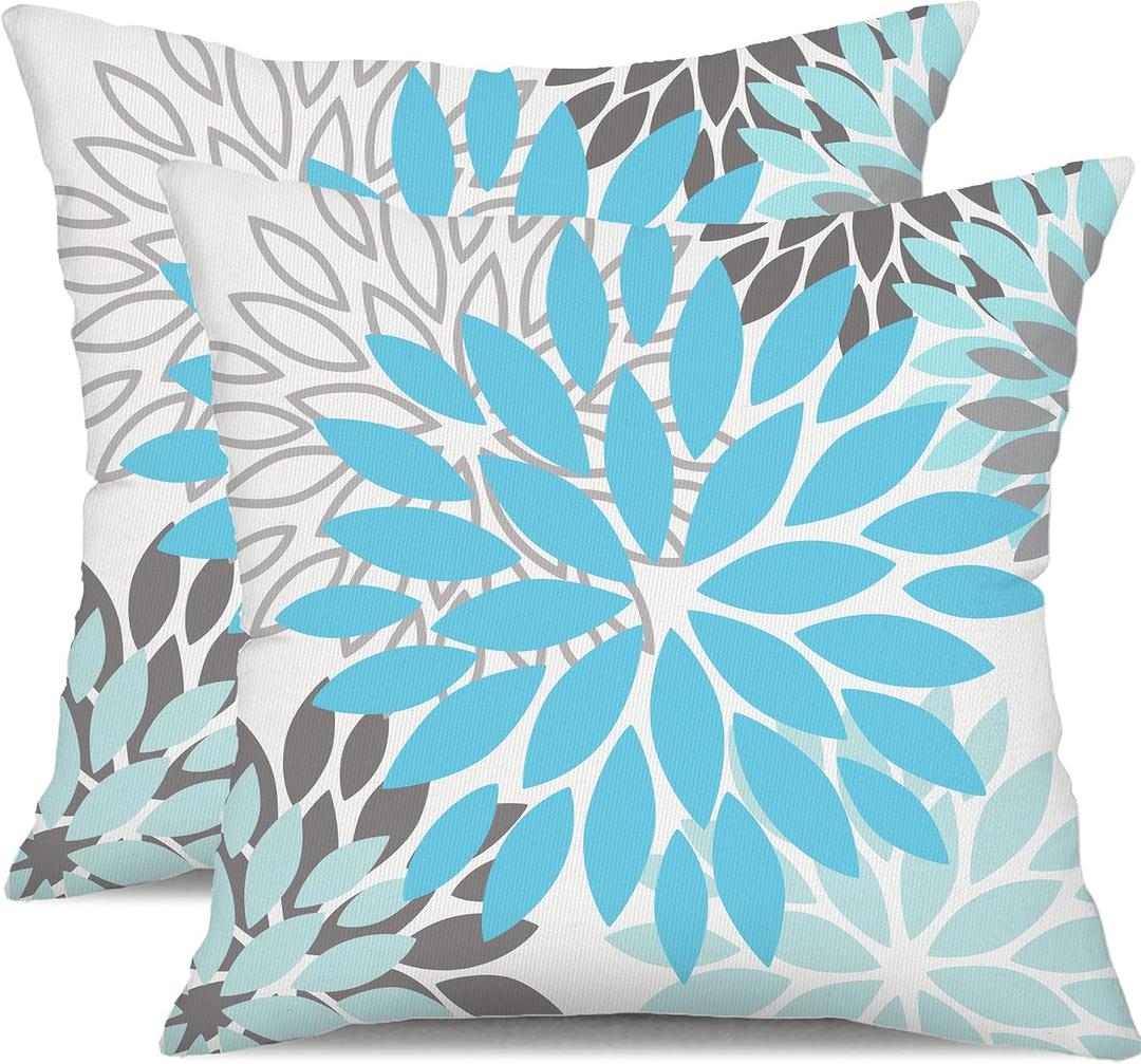 DFXSZ Sky Blue Flower Pillow Covers 16x16 Inch Set of 2 White Gray Colored Throw Pillows Outdoor Waterproof Decor for Living Room Sofa Patio Furniture Garden Floral Polyester Pillow Covers 002M16