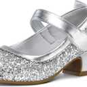 K KomForme Girls Dress Shoes Glitter Mary Jane Pumps with Bow, Low Heel Party Wedding Princess Shoes Kids Size 3
