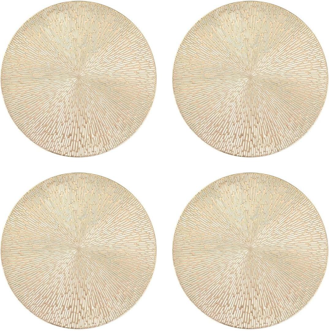 Gold Placemats Round Set of 4 Round PVC Table Mats 15 inches Decorative Heat Resistant Placemats Easy to Clean Kitchen Mats with Leaf Cut-Out Design for Dining Table Holiday Wedding Party Decorative