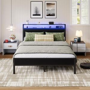 Novilla Queen Bed Frame with LED Lights and Charging Station, Metal Platform Bed with 2-Tier Storage Headboard, Smart Music Sync, Easy Assembly, No Box Spring Needed, Black