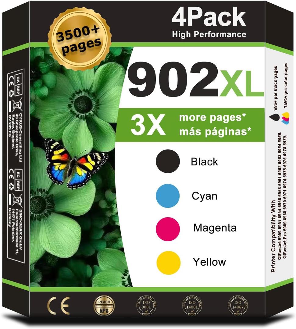 902XL Ink Cartridge Combo Pack for HP 6958 6970 Printer Compatible for HP 902 HP902 XL HP902XL to OfficeJet 6978 6968 6960 6975 6956 6961 6963 6964 6962 6950 6954 6951 Black Cyan Magenta Yellow