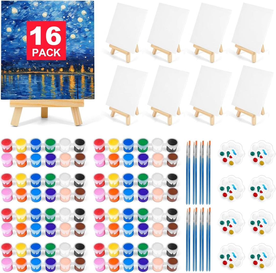16 Pack 8 * 10In Canvas Boards for Painting, Art Canvas for Drawing with 32 Brushes & 16 Paint Trays & 32 Acrylic Paint, Mini Painting Canvas with Easel Set, Painting Kits for Adults & Kids Party