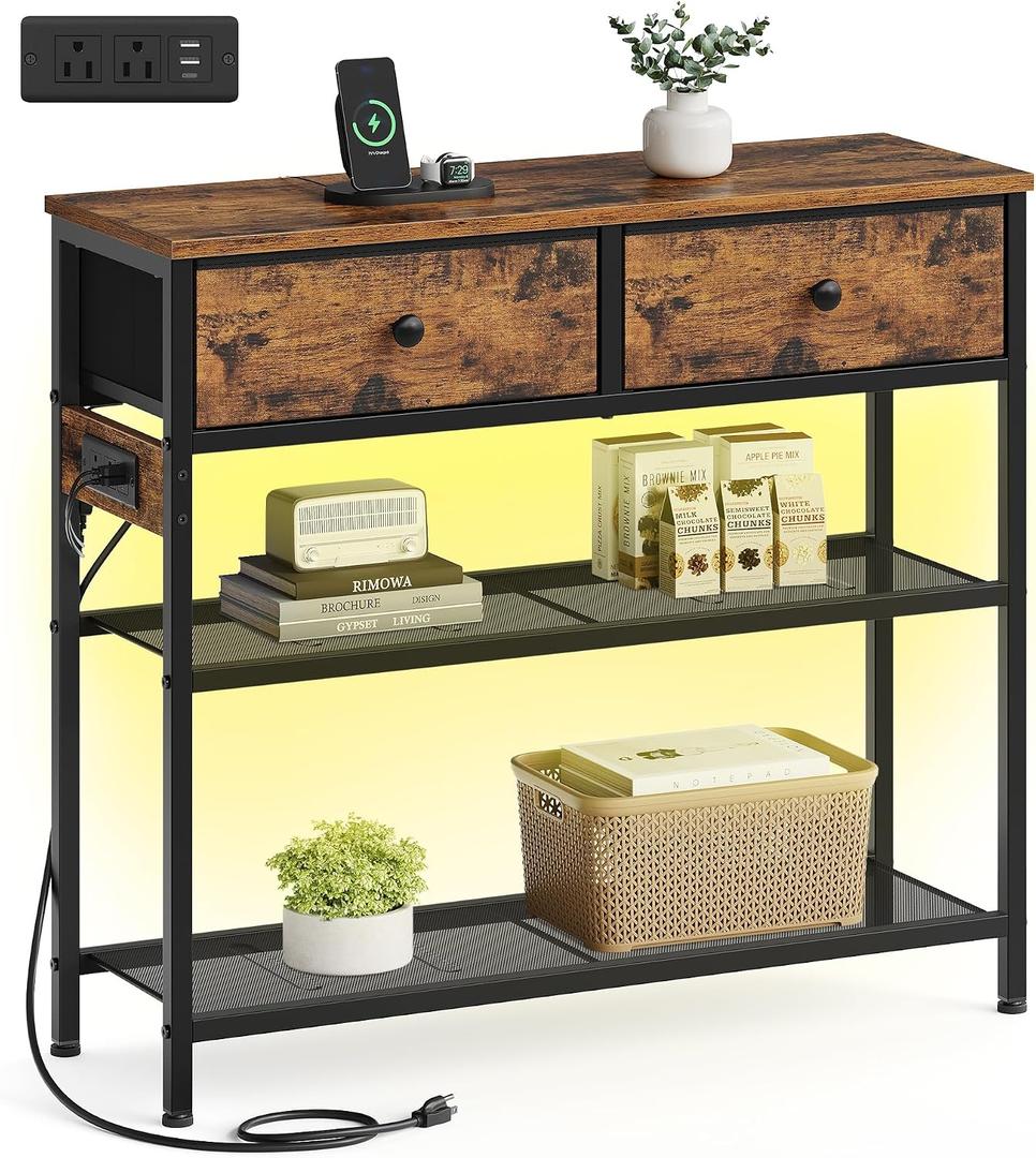 SONGMICS Console Table with Power Outlets and LED Lights, 2 Fabric Drawers, 11.8"D x 30.2"W x 31"H
