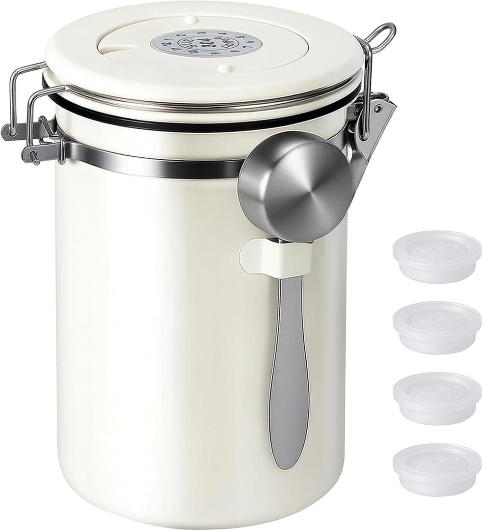Kirecoo Stainless Steel Coffee Canister - 22OZ Airtight Coffee Bean Storage Grounds Container Holder with Date Tracker & Measuring Scoop, Kitchen Food Canister Jar for Cereal, Sugar, Tea, Flour, Gifts (Beige)