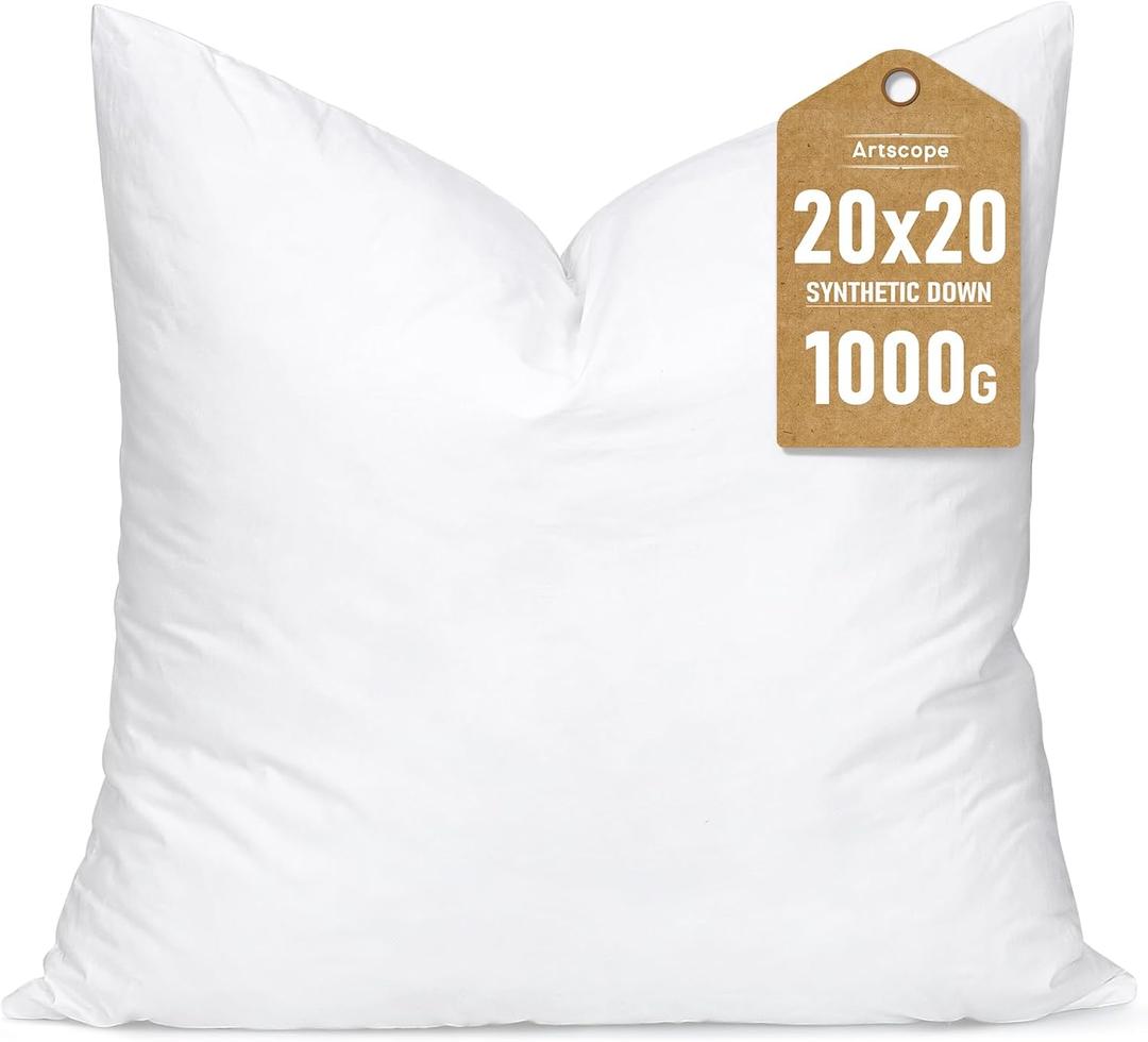 Artscope Synthetic Down Pillow Insert, 20x20 Down Alternative Throw Pillow Insert. Ultra Soft Fluffy Sleeping Pillow with 100% Cotton Cover, Decorative Pillows-White.