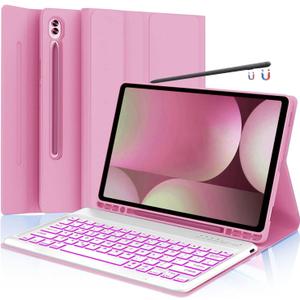 Keyboard Case for Samsung Tab S10 Plus/ S9 FE+/ S9+/ S8 Plus /S7 Plus/S7 FE 12.4" Smart Backlit Case Keyboard with Pen Holder (Pink)