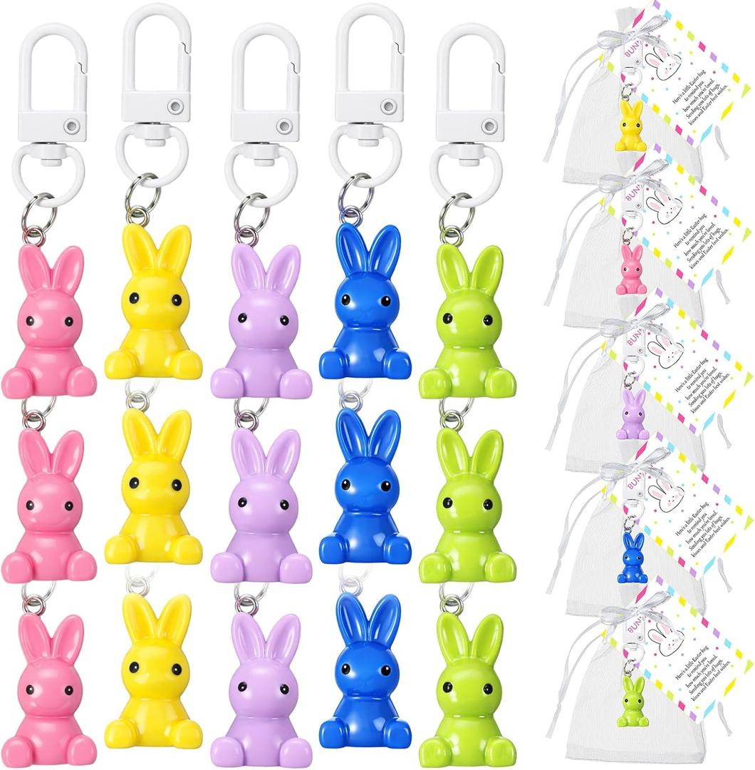Huquary 90 Pcs Easter Bunny Keychain Gifts Set Include 30 Cute Rabbit Keychain Bulk 30 Bunny Pocket Hug Cards 30 Organza Bags Classroom Gifts Easter Goodie Bag Fillers Basket Stuffers Hunt Party Favor
