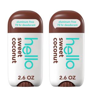 hello Sweet Coconut Aluminum Free Deodorant for Women and Men with Shea Butter, 24-Hour Freshness, Baking Soda Free Deodorant, Dermatologically Tested, 2.6 oz Stick (2 Pack)