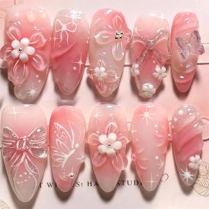 24Pcs Pink Press on Nails Medium Almond Fake Nails 3D Floral Butterfly with Rhinestones Designs Spring Summer Flower False Nails Pink Gradient Full Cover Acrylic Stick on Nails for Women DIY Manicure