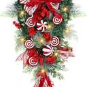 Yunlly 28" Pre Lit Christmas Teardrop Swag Battery Operated Christmas Swag with Lights, Red and White Bowknot, Swirl Candy Cane Ball, Xmas Wreath Ornament for Indoor Outdoor Front Door Decoration