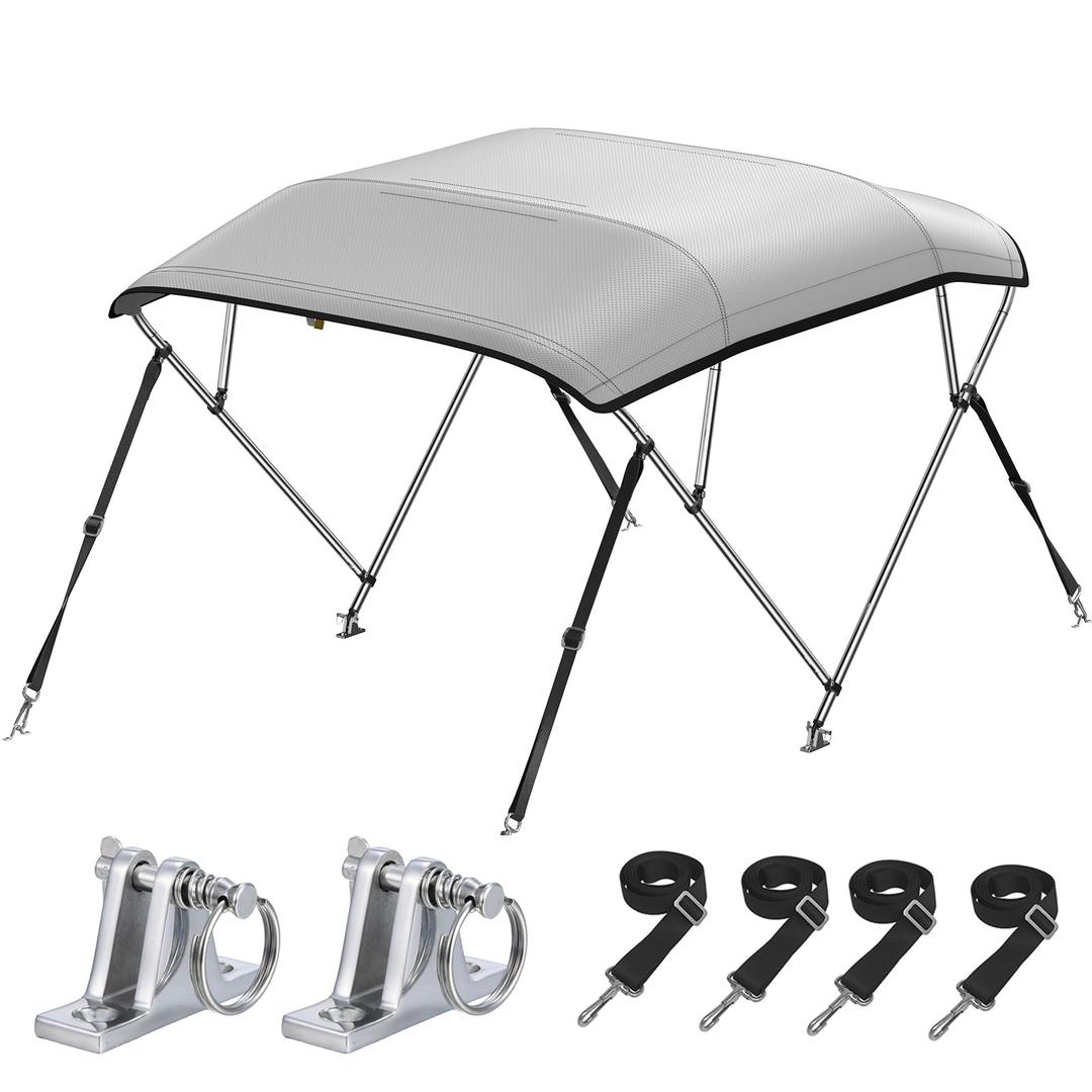 KAKIT 3 Bow Bimini Top for Boats, Marine Grade Canvas Top Heavy Duty Oxford Boat Canopy Adjustable 4 Straps Zippered Storage Boot Metal Base (3 Bow 6'L x 46" H x 79"-84" W,Gray)