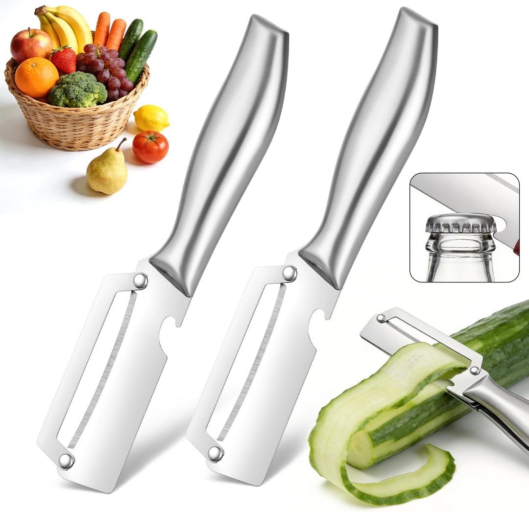 2 x 3-in-1 Stainless Steel Vegetable Peeler & Julienne Cutter with Bottle Opener - Multifunctional Kitchen Gadget for Fruits, Veggies, Camping & Daily Home Cooking(2-Pack) stainless steel