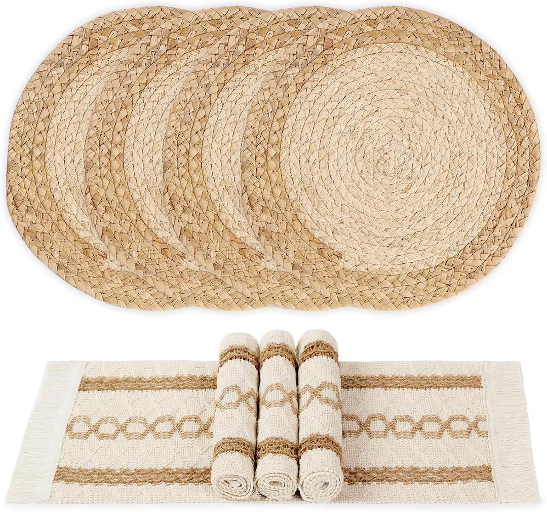 YANGQIHOME Boho Placemats Set of 4, Farmhouse Rustic Woven Placemats for Dining Table Decor, Handmade Braided Place Mats in Natural Cotton Jute and Water Straw for Kitchen Table