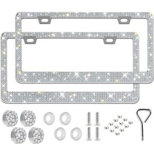 Runone 2 Pack Bling License Plate Frame for Women,Sparkly Rhinestone Stainless Steel License Plate Holder,Car Accessories with Glitter Crystal Caps (White)