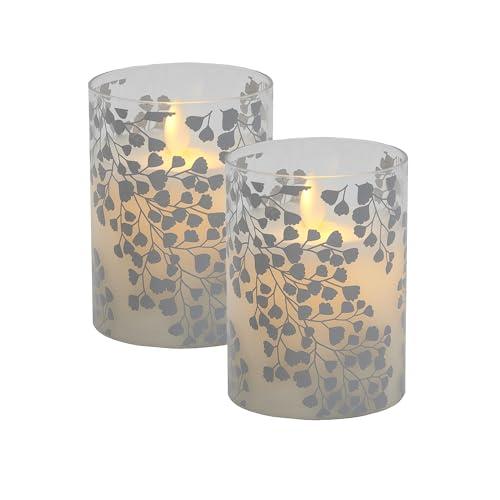LumaBase Battery Operated LED Glass Candles with Flickering Flame, Silver Fern - Set of 2