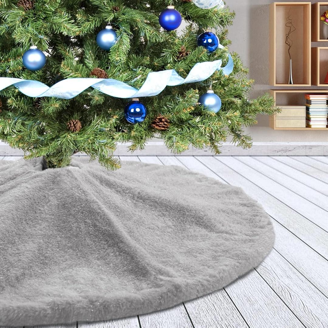 Christmas Tree Skirt 30 inch Light Grey Faux Fur Soft Fluffy Ornaments Xmas Tree Skirts for Xmas Tree Ornaments and Party Holiday Decorations (Gray)