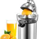QCen Electric Citrus Juicer Squeezer, Electric Juicer for Orange, Lemon and Limes with Rubber Handle and Two Size Cones, Anti-Drip Spout, Easy to Clean and Use, BPA Free, Black/ Stainless Steel