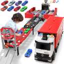 Carrier Truck Race Track Kids Toys, Foldable 3 Layer Toddler Track Playset, Toy Truck Transport Car Carrier & 8 Race Cars, Truck Car Toddlers Toys Xmas Gifts for Age 3 4 5 6+ Years Old Boys Girls (Red)