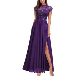 Miusol Women's Elegant Sequin Lace Contrast Chiffon Split Style Evening Party Maxi Dress (Purple, XL)