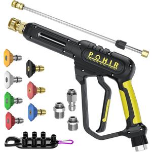 POHIR Pressure Washer Gun 3600 PSI with 3/8'' Swivel Quick Connect Extension Wand, M22 15mm and M22 14mm Fitting 30 Inch 7 Nozzle Tips, Yellow