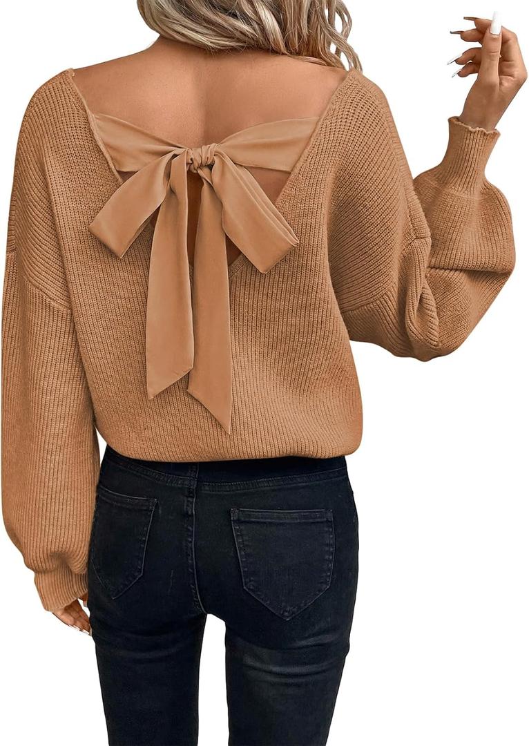 Womens Pullover Sweaters Casual Long Sleeve V Neck Loose Fit Knit Tops (Medium, Honey Gold)